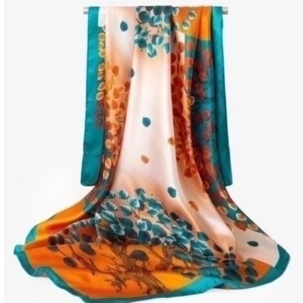 Autum Leaves Orange and Teal Silk Scarf